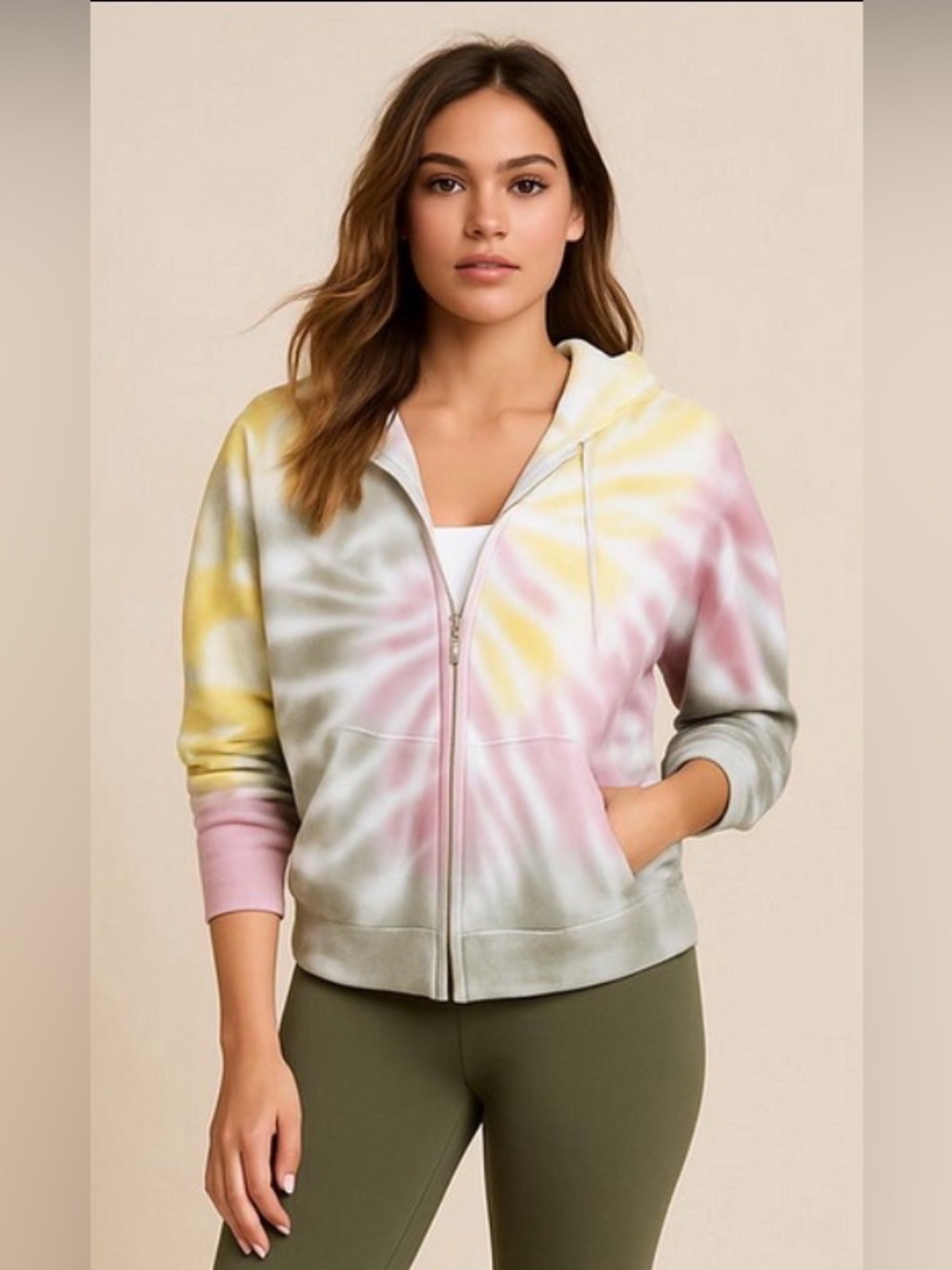 Old Navy Oversized Tie Dye Zip Hoodie, Yellow, Pink, Green, Size S